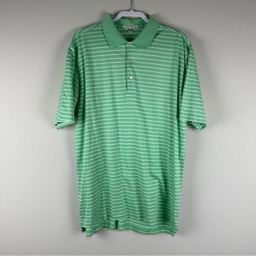 Peter Millar Green White Striped Short Sleeve Golf 100% Cotton Polo Shirt XL